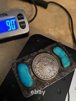Vintage Navajo Turquoise and Sterling Silver Belt Buckle with 1921 Morgan Silver