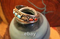 Vintage Navajo Turquoise & red coral Sterling Silver cuff bracelet bezel