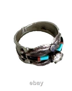 Vintage Navajo Wilbur Yazzie Sterling Silver Etched Feather Turquoise Ring SZ 9