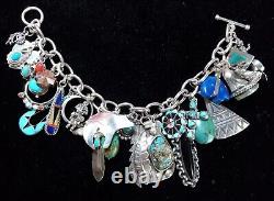 Vintage Navajo Zuni Hopi Sterling Silver Turquoise Coral Onyx 28 Charm Bracelet