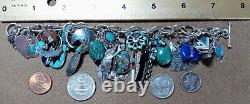 Vintage Navajo Zuni Hopi Sterling Silver Turquoise Coral Onyx 28 Charm Bracelet