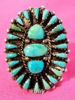 Vintage Navajo / Zuni Sterling Signed Petit Point Turquoise Cluster Ring Size 7