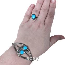 Vintage Navajo genuine turquoise & silver cuff bracelet ring jewelry set