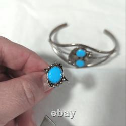 Vintage Navajo genuine turquoise & silver cuff bracelet ring jewelry set