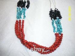 Vintage Navajo turquoise coral onyx beaded multi strands necklace