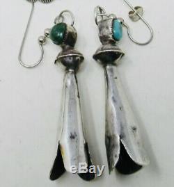 Vintage OLD Navajo Sterling Silver Turquoise Squash Blossom Earrings, superior