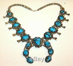Vintage Old NAVAJO Sterling Silver Pyrite Turquoise Squash Blossom Necklace