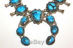 Vintage Old NAVAJO Sterling Silver Pyrite Turquoise Squash Blossom Necklace