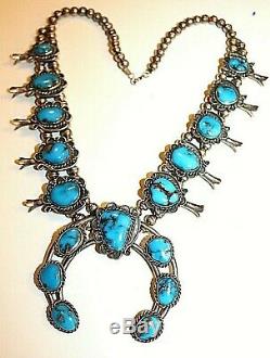 Vintage Old NAVAJO Sterling Silver Pyrite Turquoise Squash Blossom Necklace