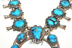 Vintage Old NAVAJO Sterling Silver Pyrite Turquoise Squash Blossom Necklace