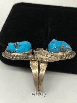 Vintage Old Navajo Long Turquoise Silver Ring 925 with Leaf Accents
