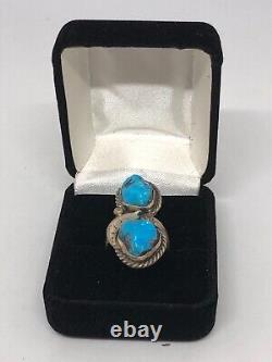 Vintage Old Navajo Long Turquoise Silver Ring 925 with Leaf Accents