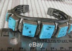 Vintage Old Navajo Pawn Turquoise Square Cut Row Bracelet Sterling Silver Cuff