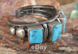 Vintage Old Navajo Pawn Turquoise Square Cut Row Bracelet Sterling Silver Cuff