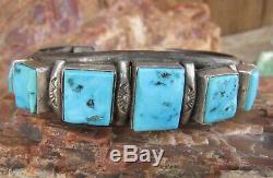 Vintage Old Navajo Pawn Turquoise Square Cut Row Bracelet Sterling Silver Cuff