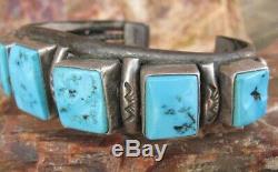 Vintage Old Navajo Pawn Turquoise Square Cut Row Bracelet Sterling Silver Cuff