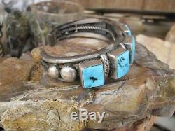 Vintage Old Navajo Pawn Turquoise Square Cut Row Bracelet Sterling Silver Cuff