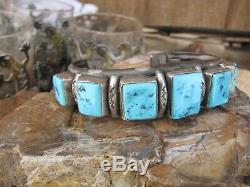 Vintage Old Navajo Pawn Turquoise Square Cut Row Bracelet Sterling Silver Cuff