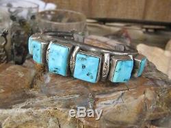 Vintage Old Navajo Pawn Turquoise Square Cut Row Bracelet Sterling Silver Cuff