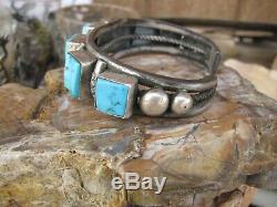 Vintage Old Navajo Pawn Turquoise Square Cut Row Bracelet Sterling Silver Cuff