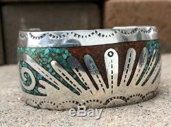 Vintage Old Navajo Sterling Turquoise & Coral Chip Inlay Cuff Bracelet Hmij