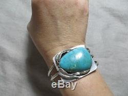 Vintage Old Pawn N. American Large Turquoise/Leafs Sterling Cuff Bracelet