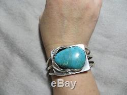 Vintage Old Pawn N. American Large Turquoise/Leafs Sterling Cuff Bracelet