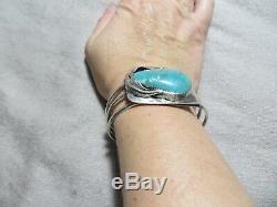 Vintage Old Pawn N. American Large Turquoise/Leafs Sterling Cuff Bracelet