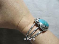 Vintage Old Pawn N. American Large Turquoise/Leafs Sterling Cuff Bracelet