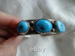 Vintage Old Pawn Native American Navajo Turquoise Stamped Silver Cuff Bracelet