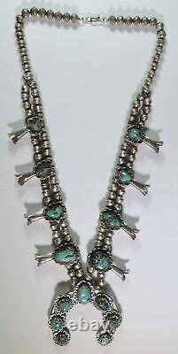 Vintage Old Pawn Native Navajo Sterling Silver Turquoise Squash Blossom Necklace