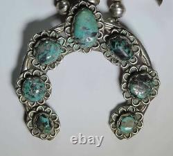 Vintage Old Pawn Native Navajo Sterling Silver Turquoise Squash Blossom Necklace