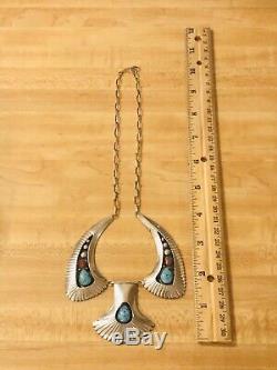 Vintage Old Pawn Navajo CS Sterling Silver Turquoise & Coral Panel Necklace 925