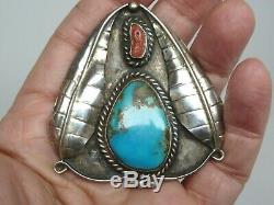 Vintage Old Pawn Navajo Feather Sterling Blue Turquoise Coral Necklace Pendant
