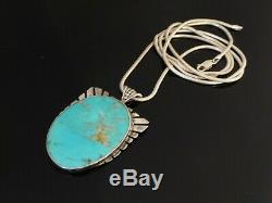 Vintage Old Pawn Navajo Sterling Signed DB Blue Turquoise Pendant Necklace 30