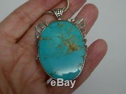 Vintage Old Pawn Navajo Sterling Signed DB Blue Turquoise Pendant Necklace 30