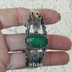 Vintage Old Pawn Navajo Sterling Silver 925 Green Turquoise Etched Cuff Bracelet