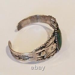 Vintage Old Pawn Navajo Sterling Silver 925 Green Turquoise Etched Cuff Bracelet