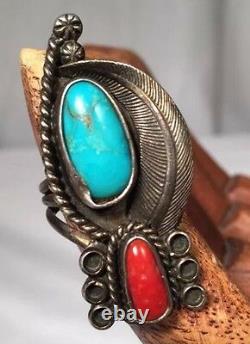 Vintage Old Pawn Navajo Sterling Silver Bisbee Turquoise Coral Ring Sz 8