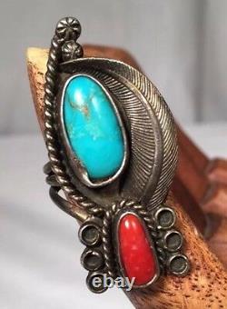 Vintage Old Pawn Navajo Sterling Silver Bisbee Turquoise Coral Ring Sz 8