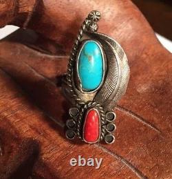 Vintage Old Pawn Navajo Sterling Silver Bisbee Turquoise Coral Ring Sz 8