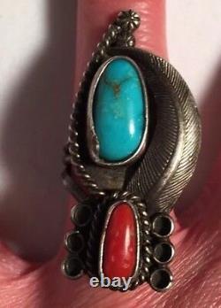 Vintage Old Pawn Navajo Sterling Silver Bisbee Turquoise Coral Ring Sz 8