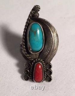 Vintage Old Pawn Navajo Sterling Silver Bisbee Turquoise Coral Ring Sz 8