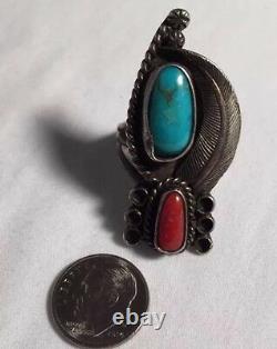 Vintage Old Pawn Navajo Sterling Silver Bisbee Turquoise Coral Ring Sz 8