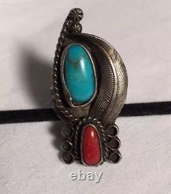 Vintage Old Pawn Navajo Sterling Silver Bisbee Turquoise Coral Ring Sz 8