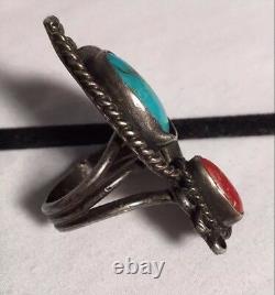 Vintage Old Pawn Navajo Sterling Silver Bisbee Turquoise Coral Ring Sz 8