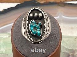 Vintage Old Pawn Navajo Sterling Silver Turquoise Bear Paw Ring Size 11-29.25