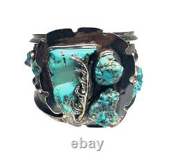 Vintage Old Pawn Navajo Sterling Silver & Turquoise Wide Cuff Bracelet
