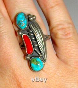 Vintage Old Pawn Navajo Sterling Turquoise Coral Ring Sz 5 Native American