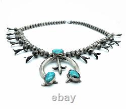 Vintage Old Pawn Sterling Silver & Turquoise Sandcast Squash Blossom Necklace